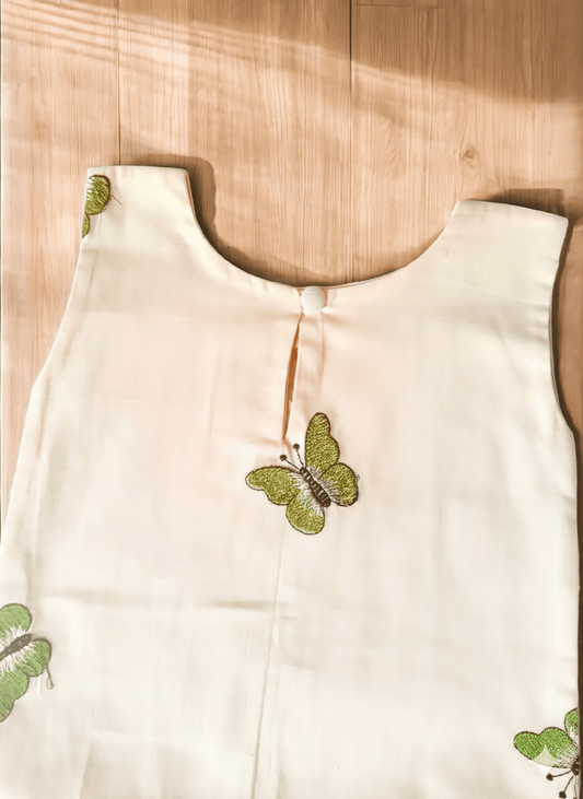 Girls Ivory Cotton Dress with Butterfly Print & Flared Hem - CottyLand