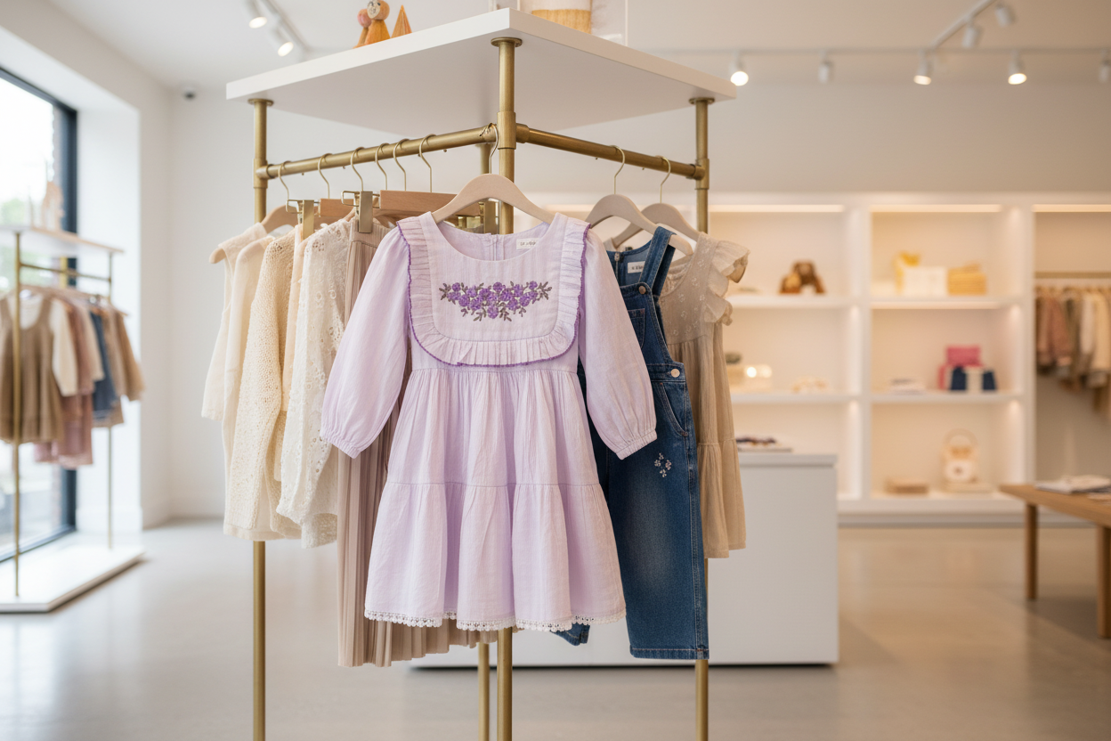 Light purple dress with floral embroidery on a white background, featuring text about freedom and movement.