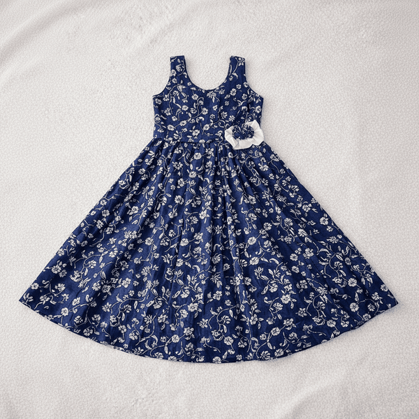Girls Black Cotton Dress with White Floral Design - CottyLand