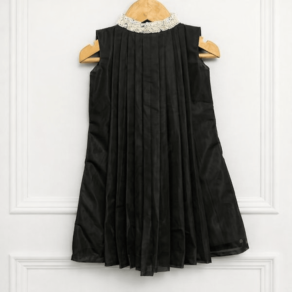 Girls Black Pleated Party Dress with Embroidered Collar - CottyLand