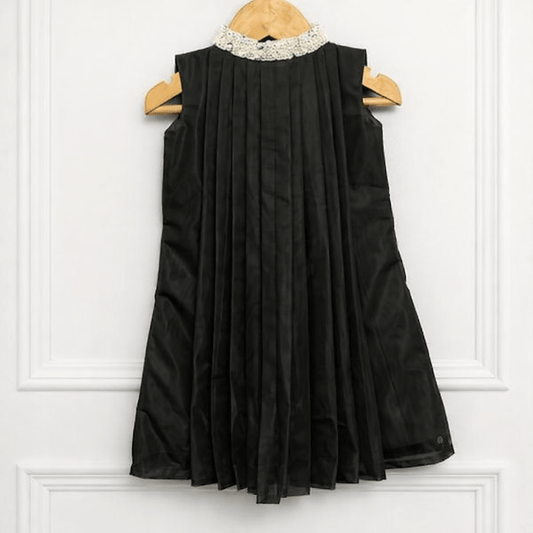 Girls Black Pleated Party Dress with Embroidered Collar - CottyLand