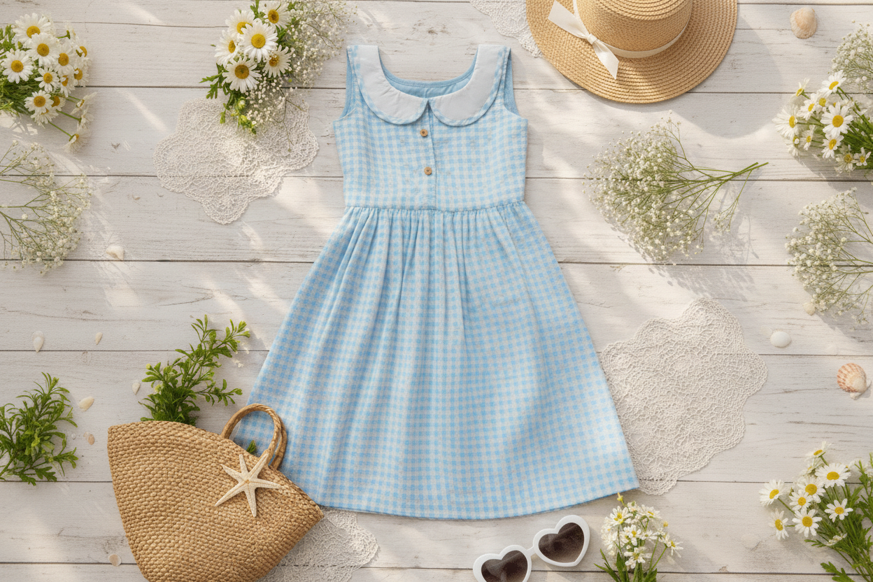 Girls Blue Gingham Cotton Dress – Peter Pan Collar - CottyLand