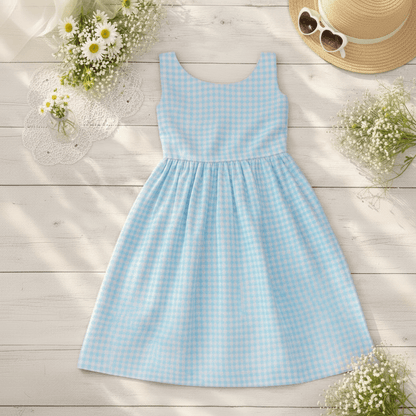 Girls Blue Gingham Cotton Dress – Peter Pan Collar - CottyLand
