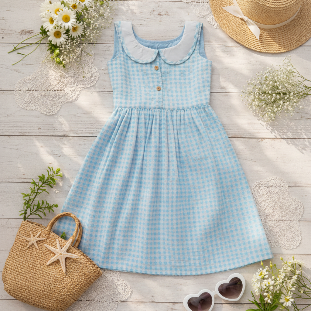 Girls Blue Gingham Cotton Dress – Peter Pan Collar - CottyLand