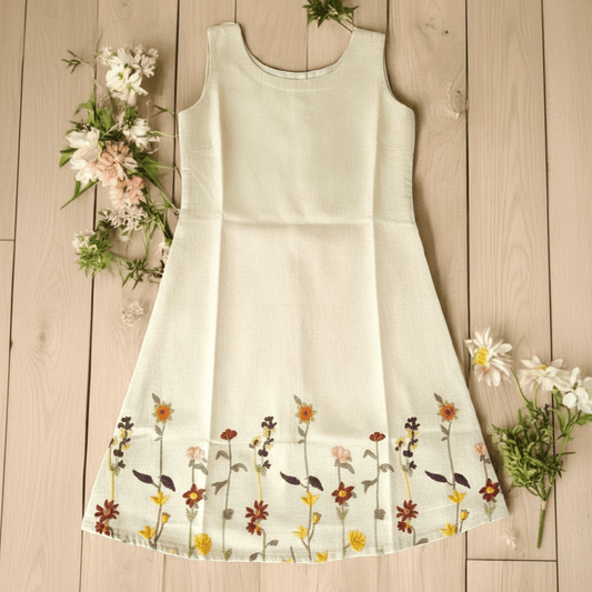 Girls Cream Floral Embroidery Cotton Dress - CottyLand