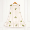 Girls Ivory Cotton Dress with Butterfly Print & Flared Hem - CottyLand