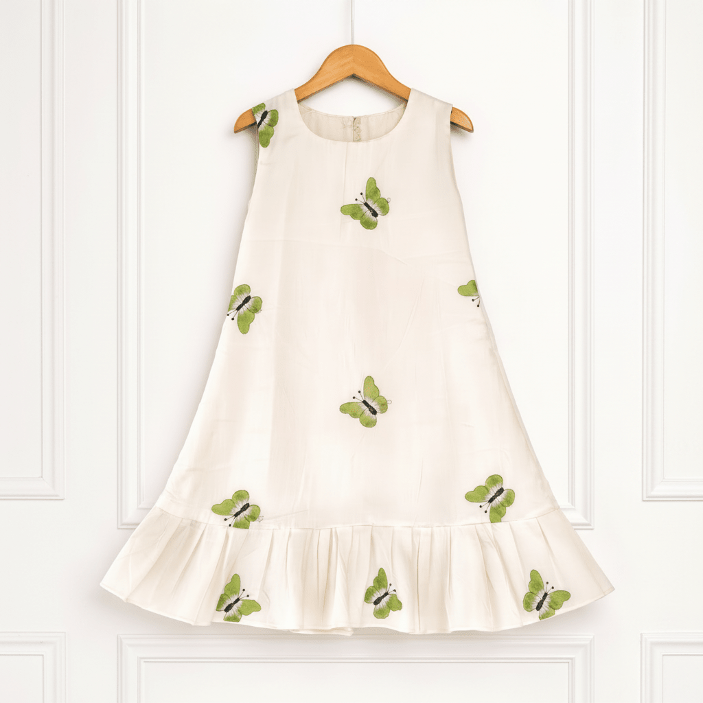 Girls Ivory Cotton Dress with Butterfly Print & Flared Hem - CottyLand