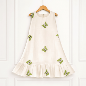Girls Ivory Cotton Dress with Butterfly Print & Flared Hem - CottyLand