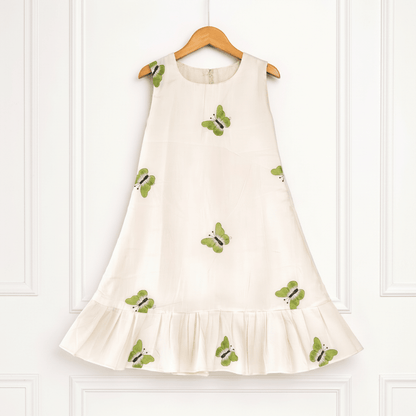 Girls Ivory Cotton Dress with Butterfly Print & Flared Hem - CottyLand
