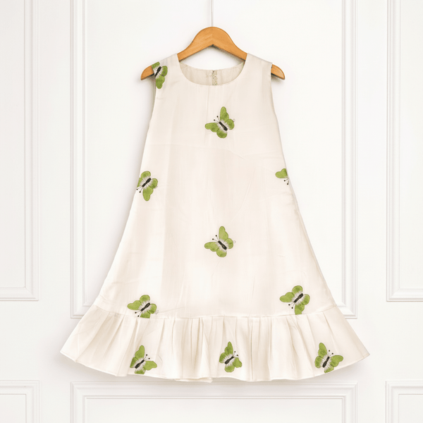 Girls Ivory Cotton Dress with Butterfly Print & Flared Hem - CottyLand