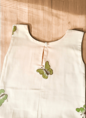 Girls Ivory Cotton Dress with Butterfly Print & Flared Hem - CottyLand