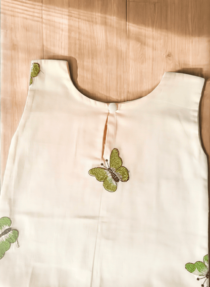 Girls Ivory Cotton Dress with Butterfly Print & Flared Hem - CottyLand