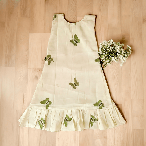 Girls Ivory Cotton Dress with Butterfly Print & Flared Hem - CottyLand