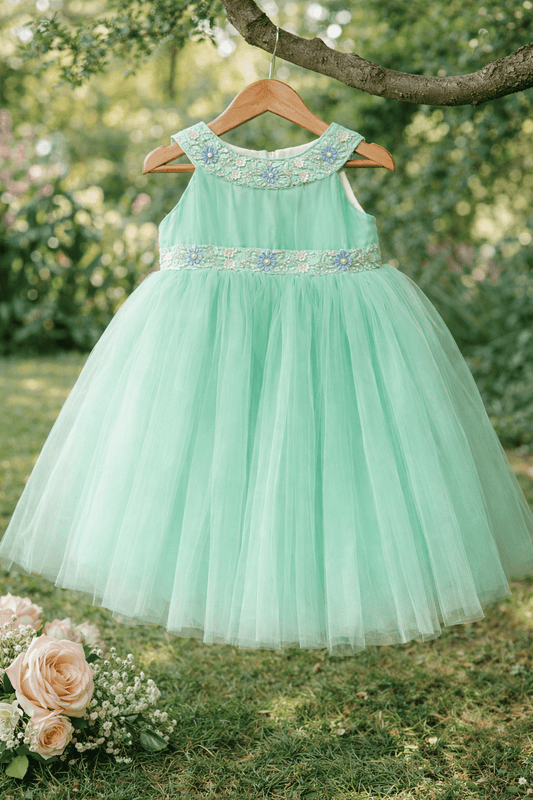 Girls Mint Green Tulle Party Dress with Floral Embroidery - CottyLand