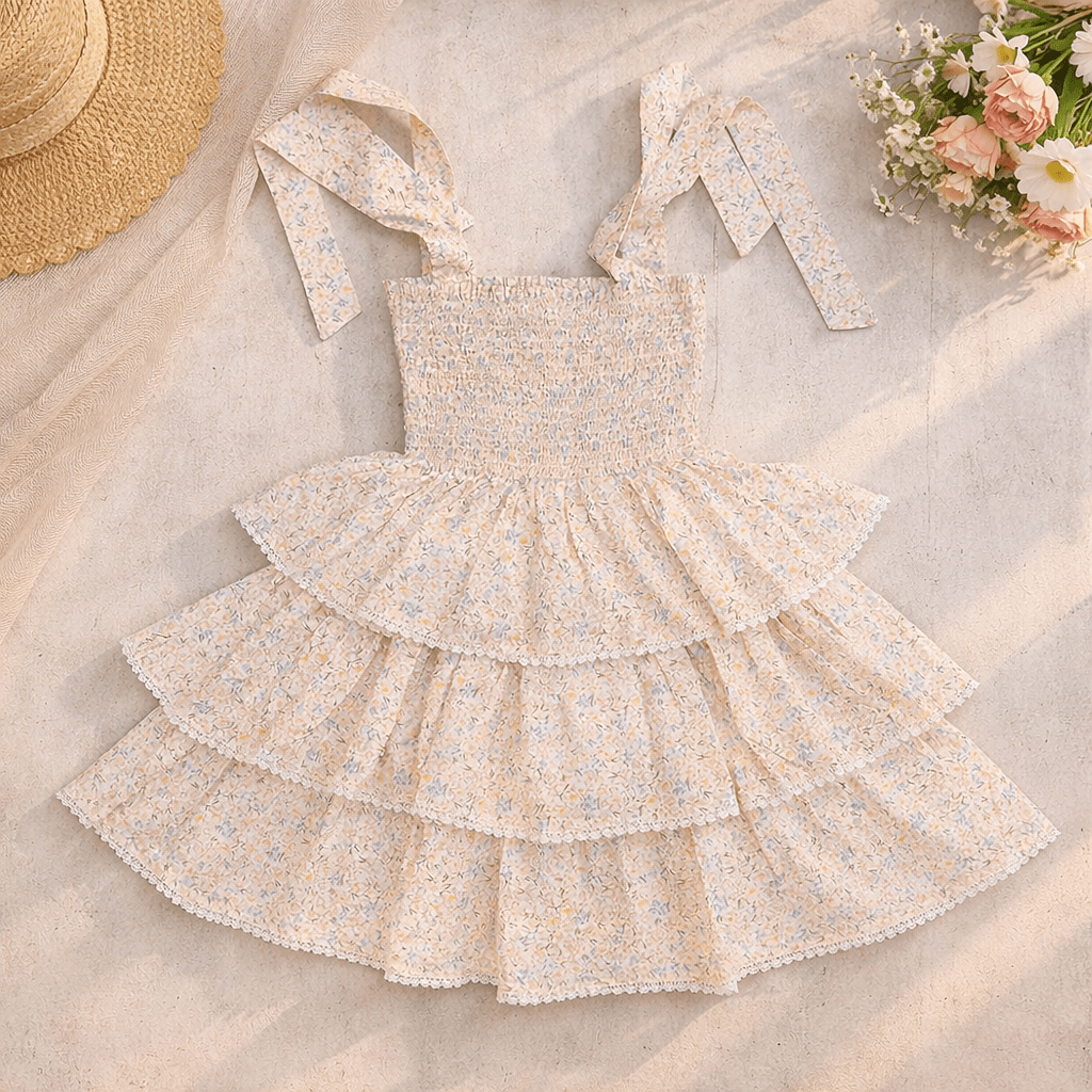 Girls Smocked Floral Tiered Dress with Bow - Tie Straps - CottyLand