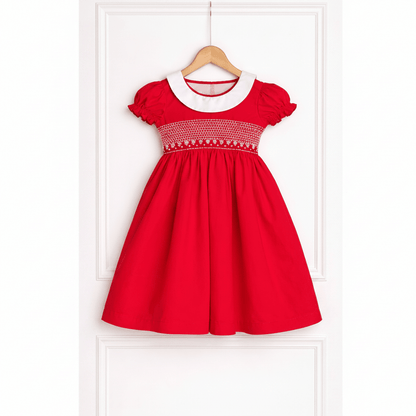 Red Smocked Party Dress for Girls with White Collar | Classic Cotton Kids Dress - CottyLand