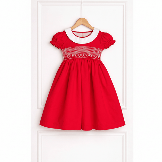 Red Smocked Party Dress for Girls with White Collar | Classic Cotton Kids Dress - CottyLand